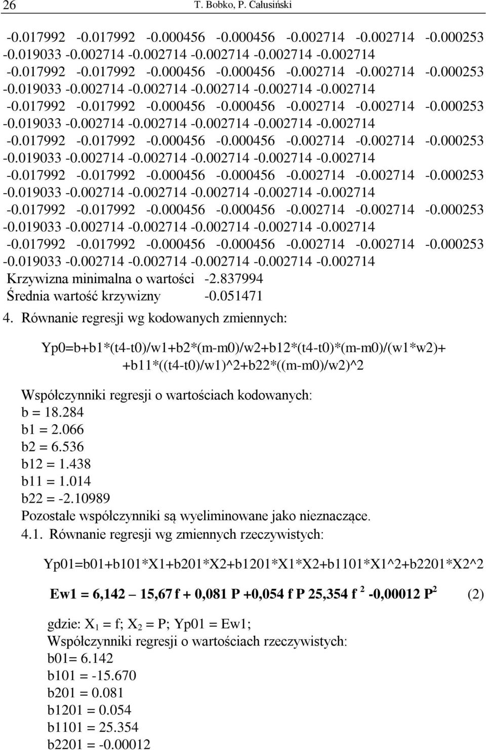 Równanie regresji wg kodowanych zmiennych: Yp0=b+b1*(t4-t0)/w1+b2*(m-m0)/w2+b12*(t4-t0)*(m-m0)/(w1*w2)+ +b11*((t4-t0)/w1)^2+b22*((m-m0)/w2)^2 Współczynniki regresji o wartościach kodowanych: b = 18.