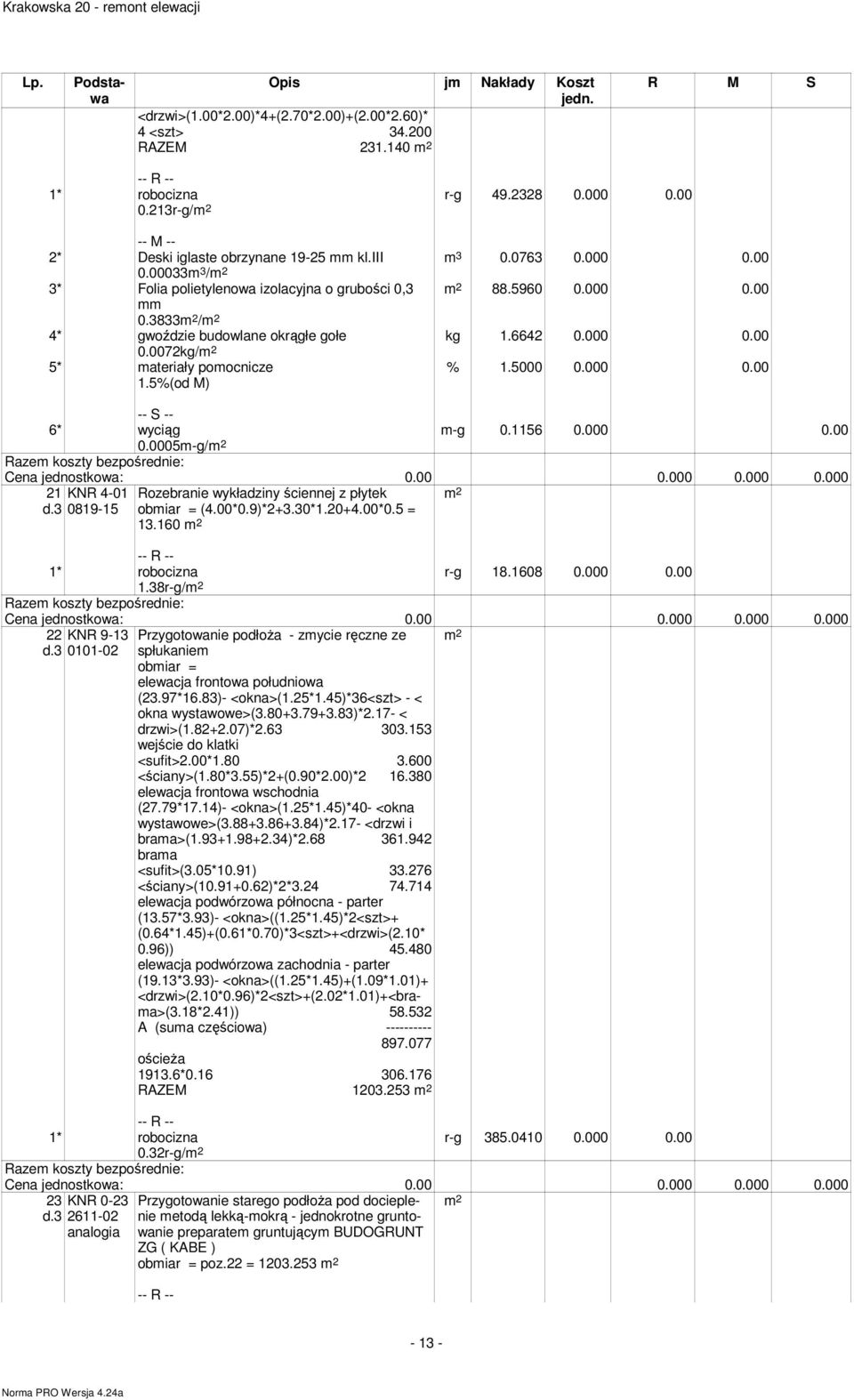 0005-g/ 21 KNR 4-01 0819-15 Rozebranie wykładziny ściennej z płytek obiar = (4.00*0.9)*2+3.30*1.20+4.00*0.5 = 13.160 r-g 18.1608 0.000 0.00 1.