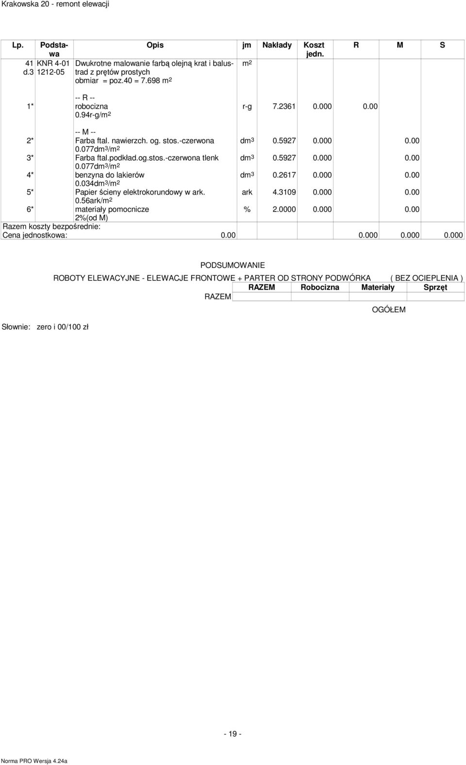 og.stos.-czerwona tlenk 0.077d 3 / 4* benzyna do lakierów 0.034d 3 / 5* Papier ścieny elektrokorundowy w ark. 0.56ark/ 6* ateriały poocnicze % 2.0000 0.