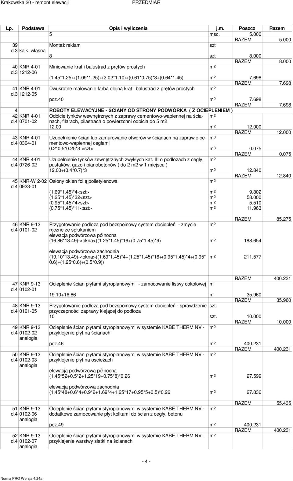 698 Dwukrotne alowanie farbą olejną krat i balustrad z prętów prostych poz.40 7.698 RAZEM 7.