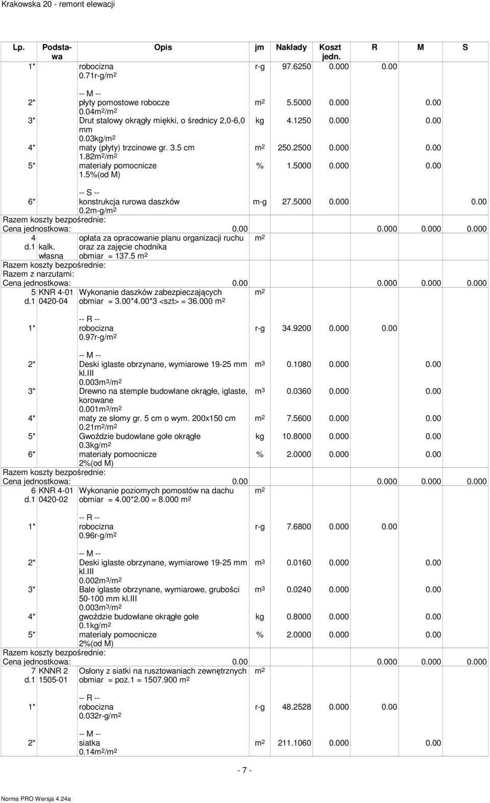 opłata za opracowanie planu organizacji ruchu oraz za zajęcie chodnika obiar = 137.5 własna Raze z narzutai: 5 d.1 KNR 4-01 0420-04 Wykonanie daszków zabezpieczających obiar = 3.00*4.00*3 <szt> = 36.