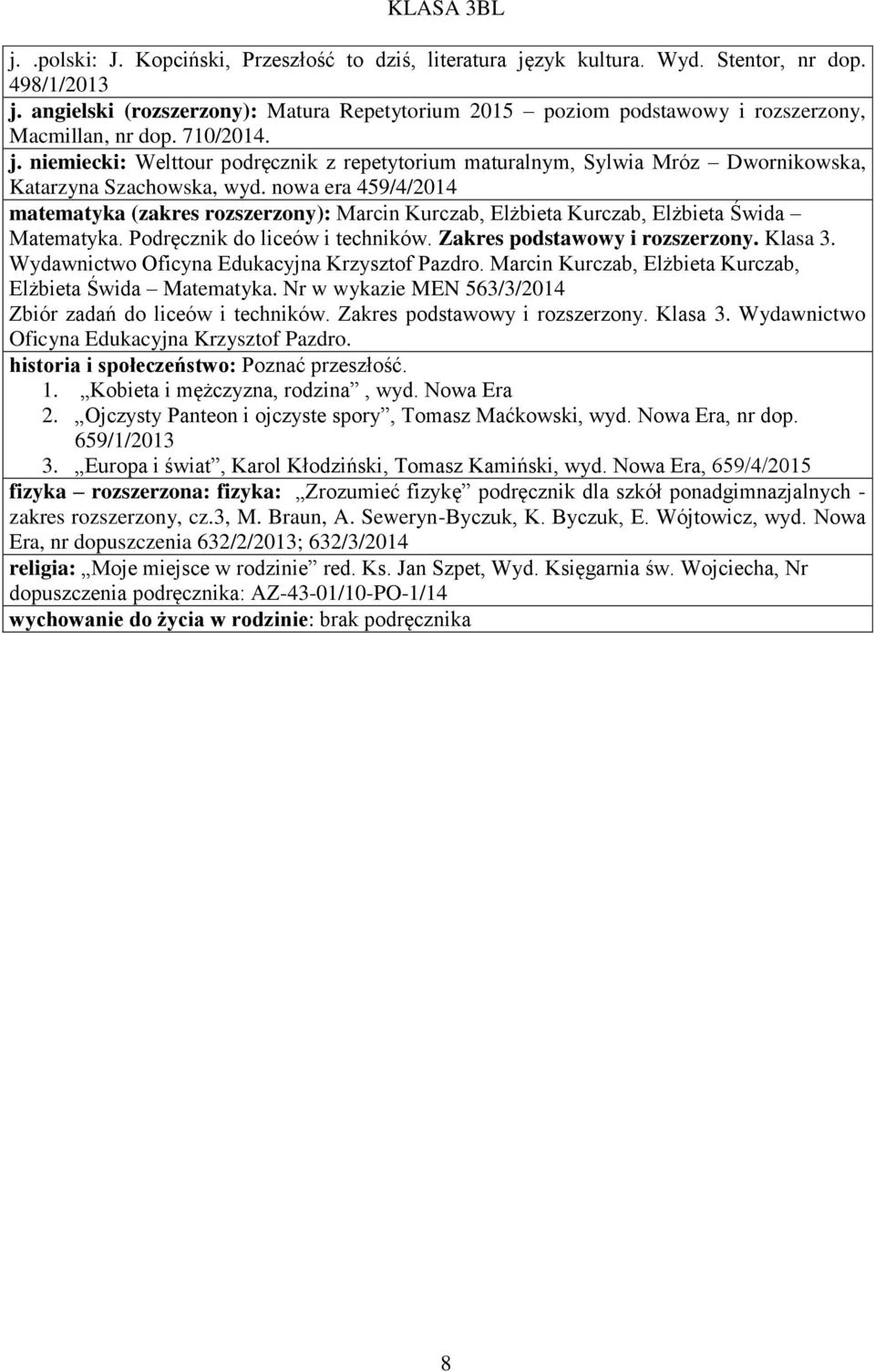 nowa era 459/4/2014 matematyka (zakres rozszerzony): Marcin Kurczab, Elżbieta Kurczab, Elżbieta Świda Matematyka. Podręcznik do liceów i techników. Zakres podstawowy i rozszerzony. Klasa 3.