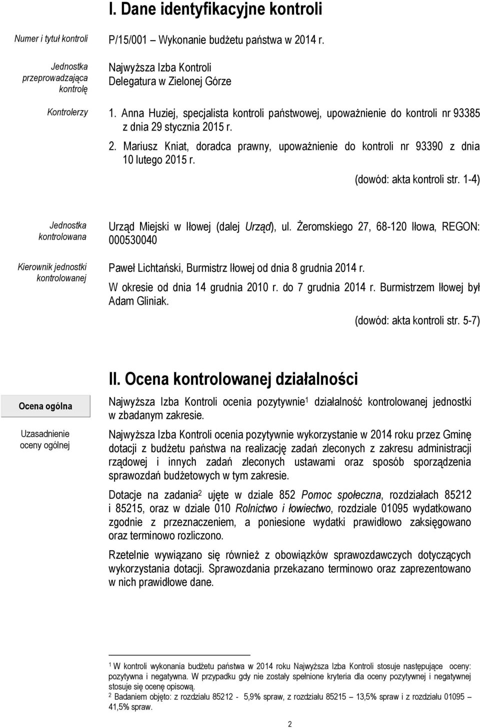 Anna Huziej, specjalista kontroli państwowej, upoważnienie do kontroli nr 93385 z dnia 29 stycznia 2015 r. 2. Mariusz Kniat, doradca prawny, upoważnienie do kontroli nr 93390 z dnia 10 lutego 2015 r.