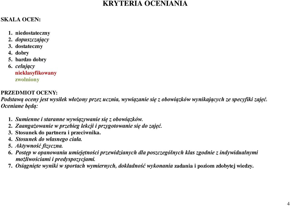 Sumienne i staranne wywiązywanie się z obowiązków. 2. Zaangażowanie w przebieg lekcji i przygotowanie się do zajęć. 3. Stosunek do partnera i przeciwnika. 4.