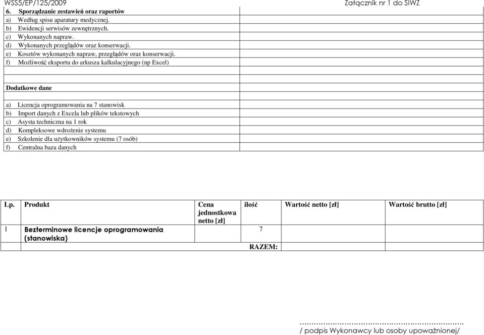 f) MoŜliwość eksportu do arkusza kalkulacyjnego (np Excel) Dodatkowe dane a) Licencja oprogramowania na 7 stanowisk b) Import danych z Excela lub plików