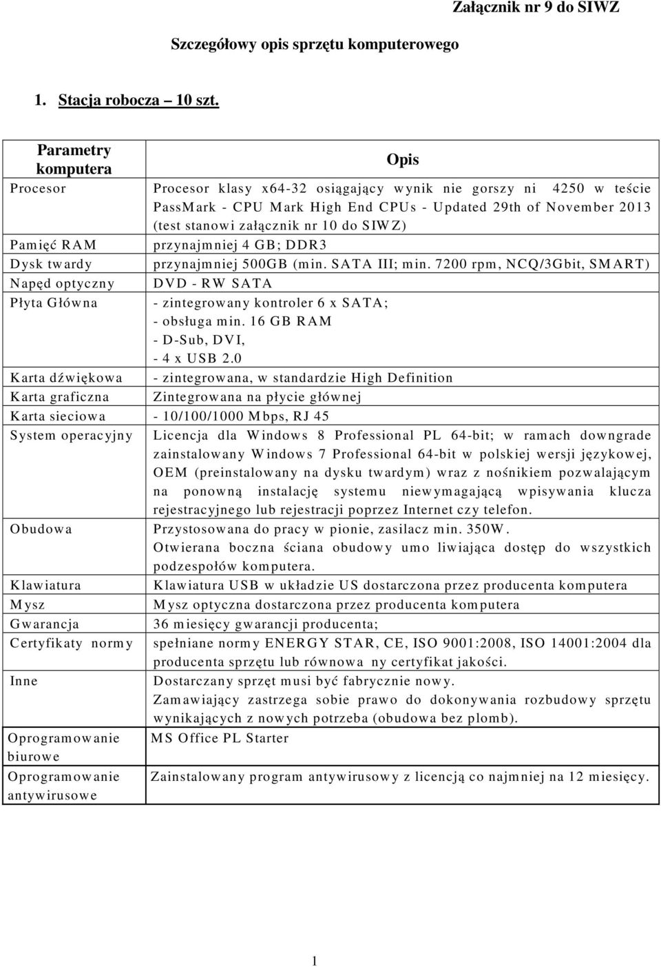 November 2013 (test stanowi załącznik nr 10 do SIWZ) przynajmniej 4 GB; DDR3 przynajmniej 500GB (min. SATA III; min.