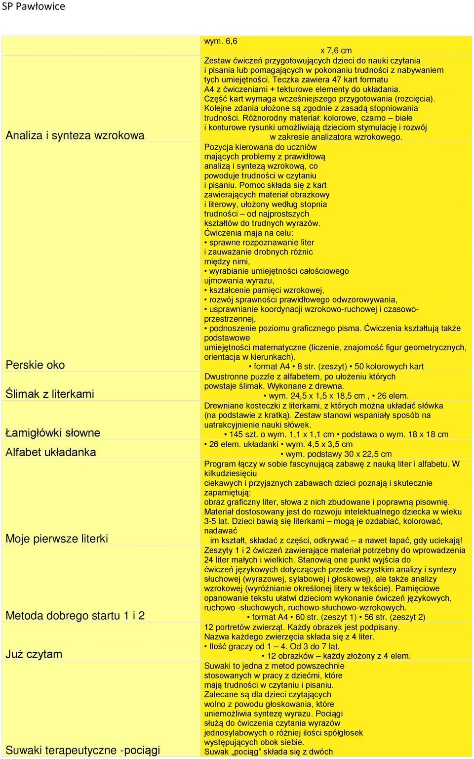 Teczka zawiera 47 kart formatu A4 z ćwiczeniami + tekturowe elementy do układania. Część kart wymaga wcześniejszego przygotowania (rozcięcia).