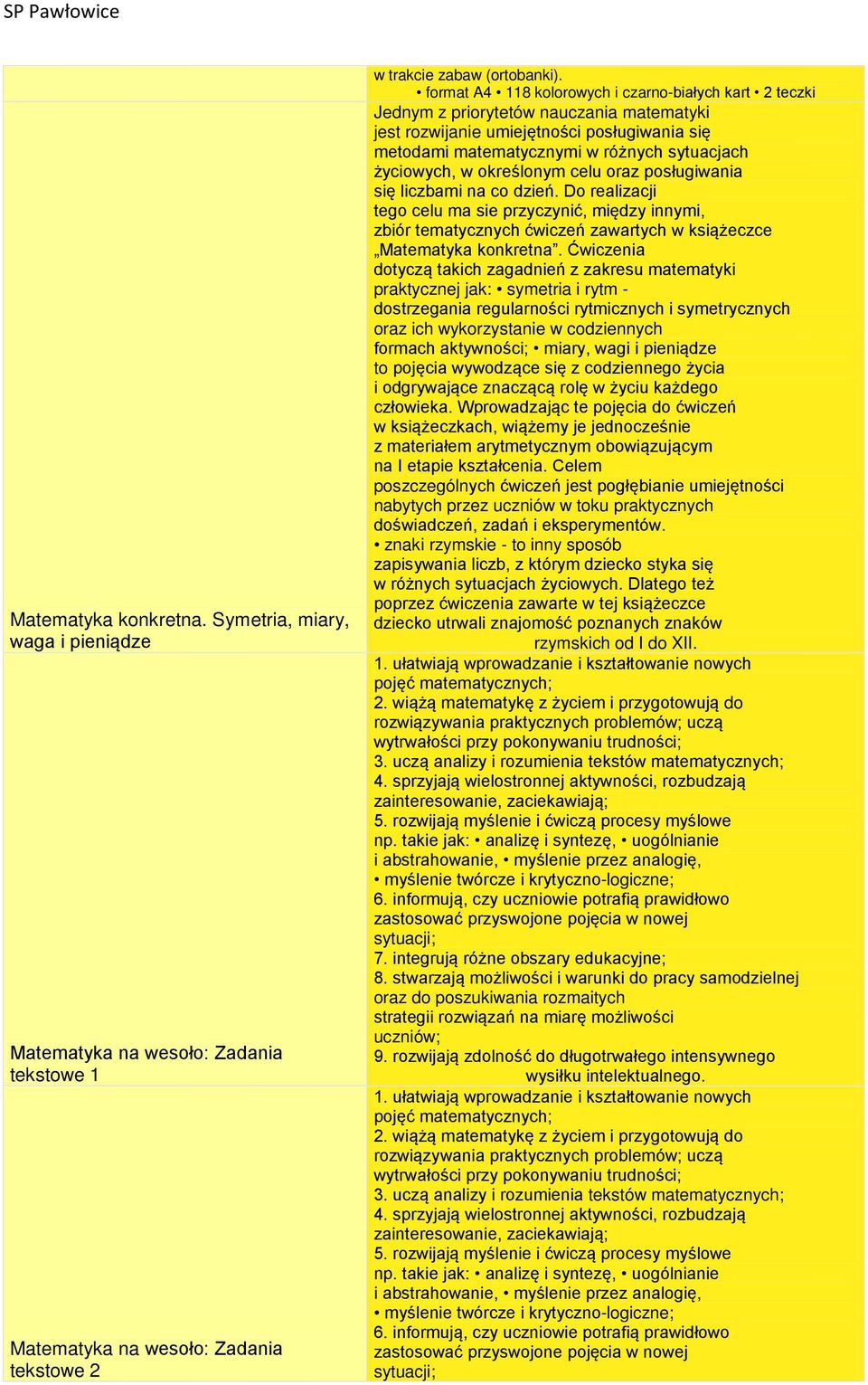 w określonym celu oraz posługiwania się liczbami na co dzień. Do realizacji tego celu ma sie przyczynić, między innymi, zbiór tematycznych ćwiczeń zawartych w książeczce Matematyka konkretna.