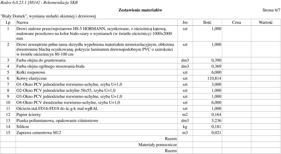 drewnopodobnym PVC o szerokości w świetle ościeżnicyn 80-100 cm 3 Farba olejna do gruntowania dm3 0,390 4 Farba olejna ogólnego stosowania-biała dm3 0,369 5 Kołki rozporowe szt 6,000 6 Kotwy