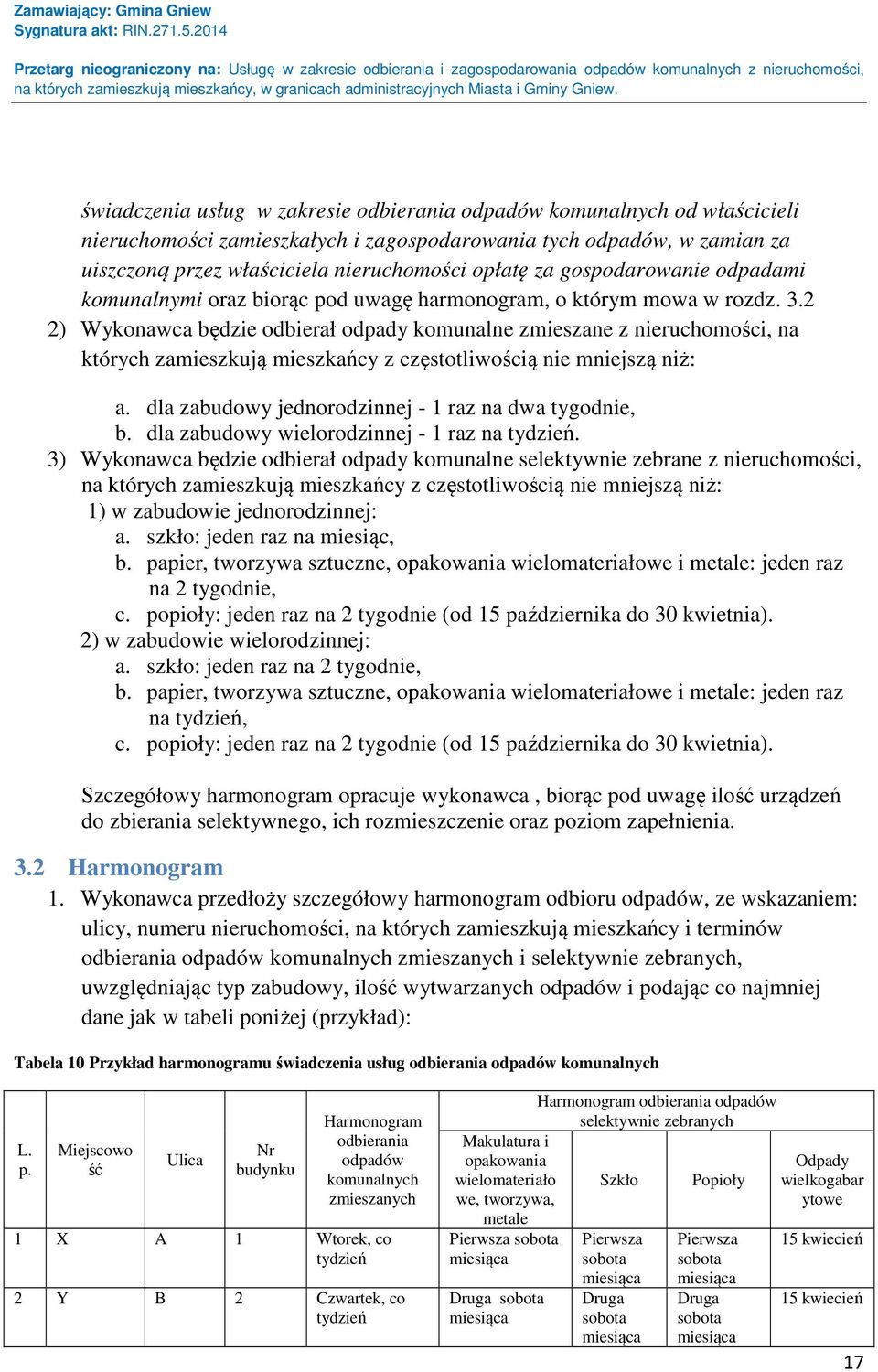 2 2) Wykonawca będzie odbierał odpady komunalne zmieszane z nieruchomości, na których zamieszkują mieszkańcy z częstotliwością nie mniejszą niż: a.