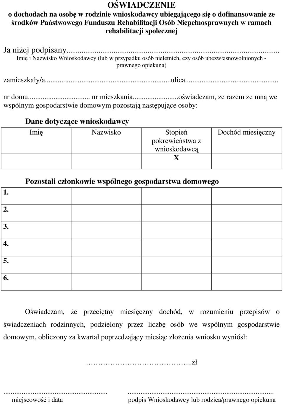 ..oświadczam, że razem ze mną we wspólnym gospodarstwie domowym pozostają następujące osoby: Dane dotyczące wnioskodawcy Imię Nazwisko Stopień pokrewieństwa z wnioskodawcą X Dochód miesięczny 1.