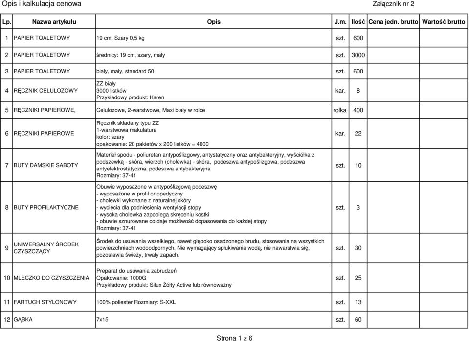 8 5 RĘCZNIKI PAPIEROWE, Celulozowe, 2-warstwowe, Maxi biały w rolce rolka 400 6 RĘCZNIKI PAPIEROWE 7 BUTY DAMSKIE SABOTY 8 BUTY PROFILAKTYCZNE Ręcznik składany typu ZZ 1-warstwowa makulatura kolor: