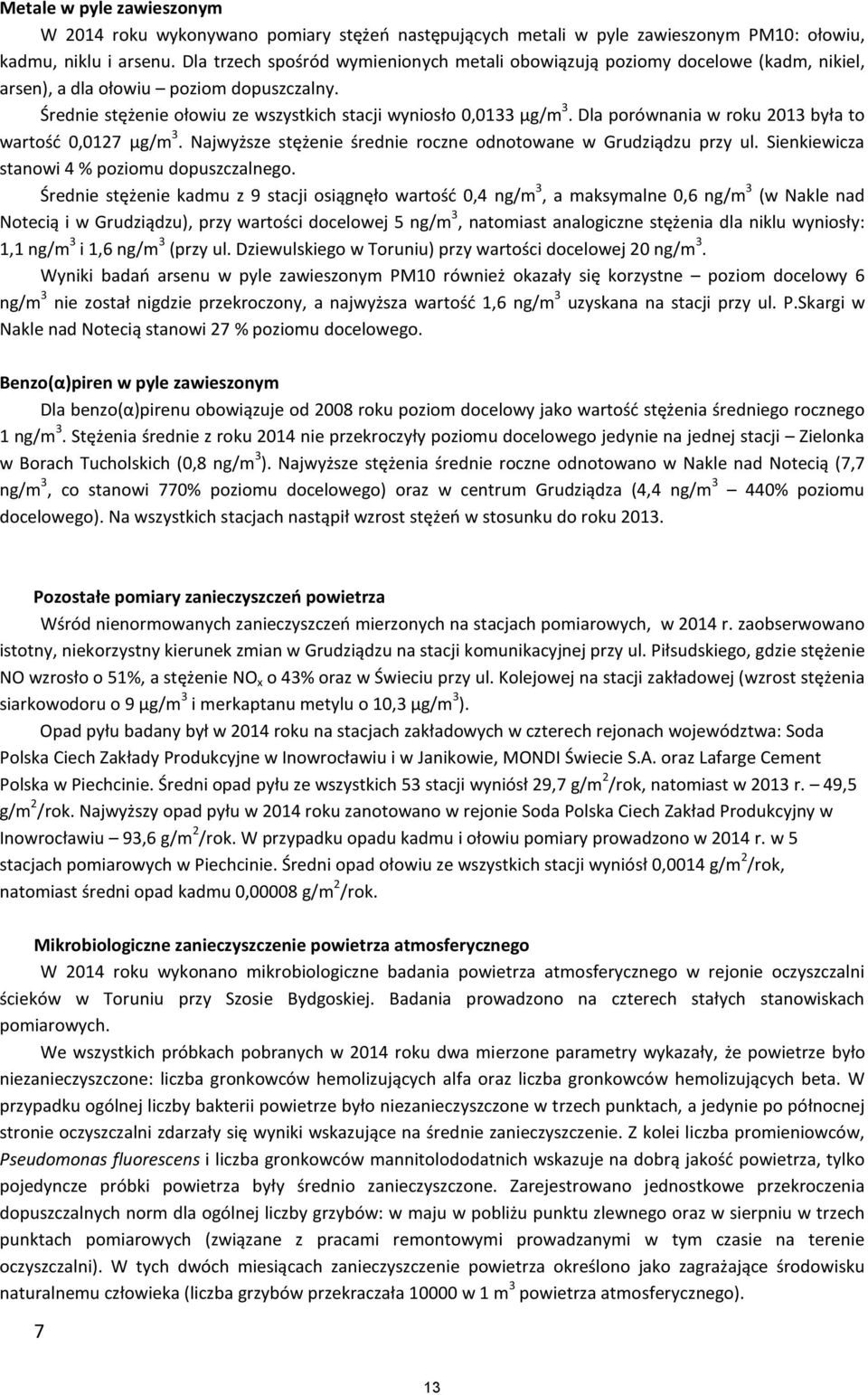Dla porównania w roku 2013 była to wartość 0,0127 µg/m 3. Najwyższe stężenie średnie roczne odnotowane w Grudziądzu przy ul. Sienkiewicza stanowi 4 % poziomu dopuszczalnego.