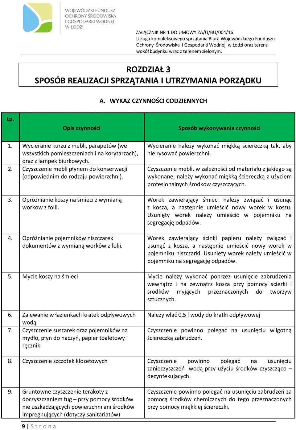 Opróżnianie koszy na śmieci z wymianą worków z folii. 4. Opróżnianie pojemników niszczarek dokumentów z wymianą worków z folii.