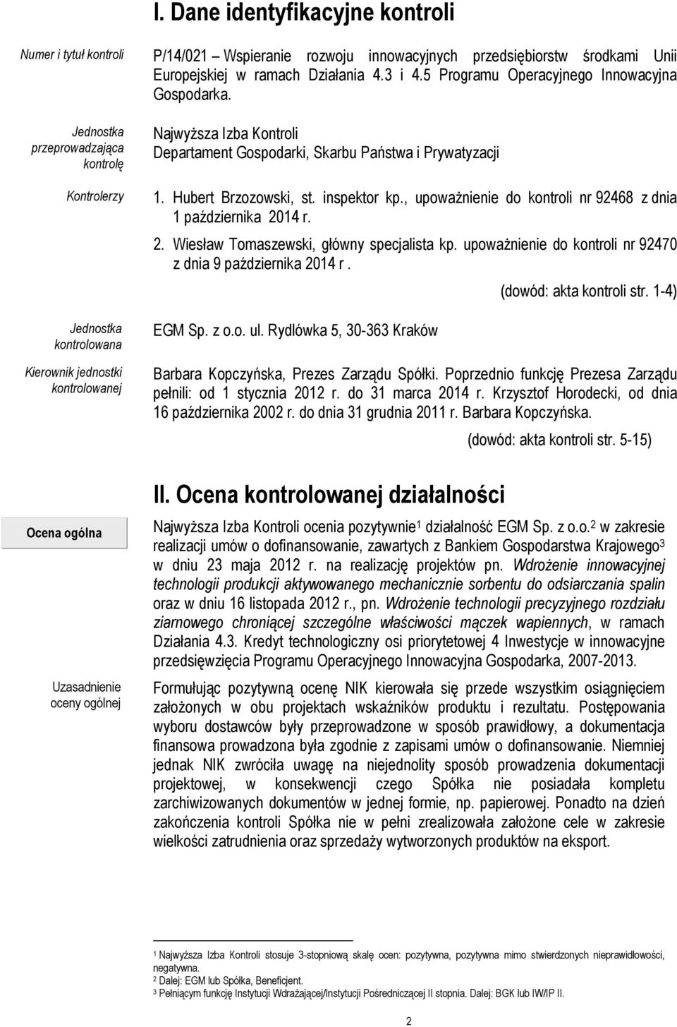 Najwyższa Izba Kontroli Departament Gospodarki, Skarbu Państwa i Prywatyzacji 1. Hubert Brzozowski, st. inspektor kp., upoważnienie do kontroli nr 92468 z dnia 1 października 20