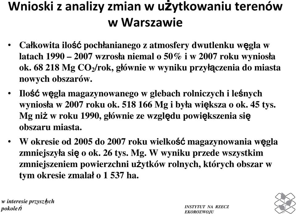 Ilość węgla magazynowanego w glebach rolniczych i leśnych wyniosła w 2007 roku ok. 518 166 Mg i była większa o ok. 45 tys.