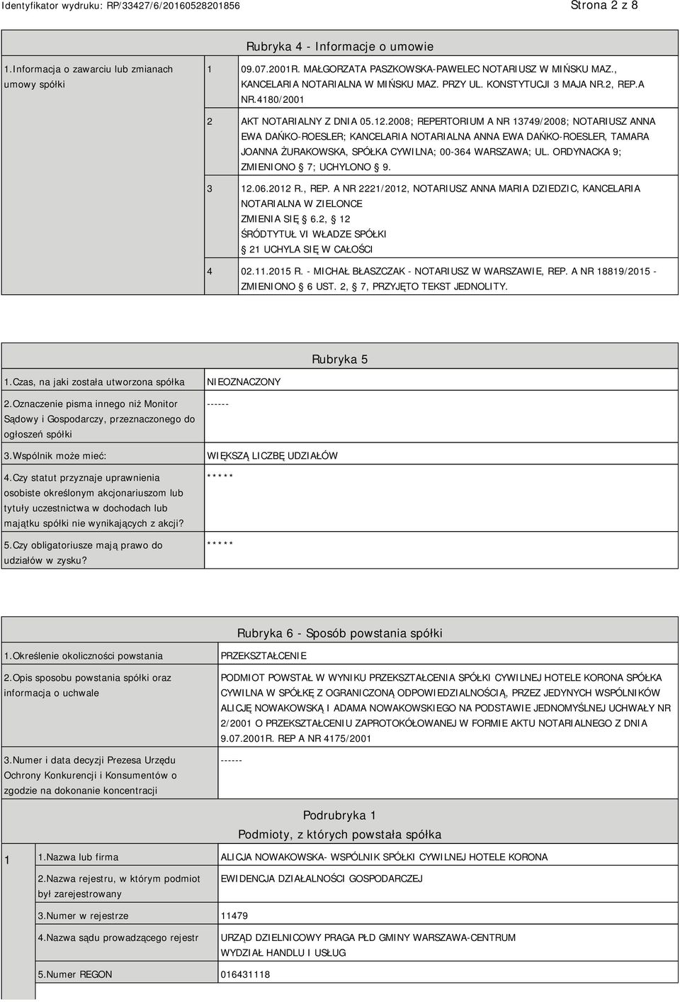 2008; REPERTORIUM A NR 13749/2008; NOTARIUSZ ANNA EWA DAŃKO-ROESLER; KANCELARIA NOTARIALNA ANNA EWA DAŃKO-ROESLER, TAMARA JOANNA ŻURAKOWSKA, SPÓŁKA CYWILNA; 00-364 WARSZAWA; UL.