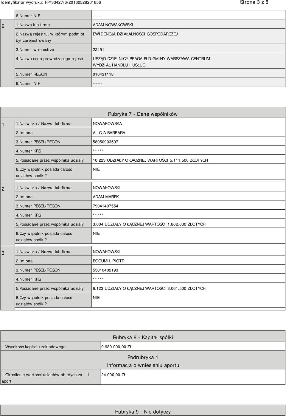 Nazwisko / Nazwa lub firma NOWAKOWSKA Rubryka 7 - Dane wspólników ALICJA BARBARA 3.Numer PESEL/REGON 58050903507 4.Numer KRS ***** 5.Posiadane przez wspólnika udziały 6.