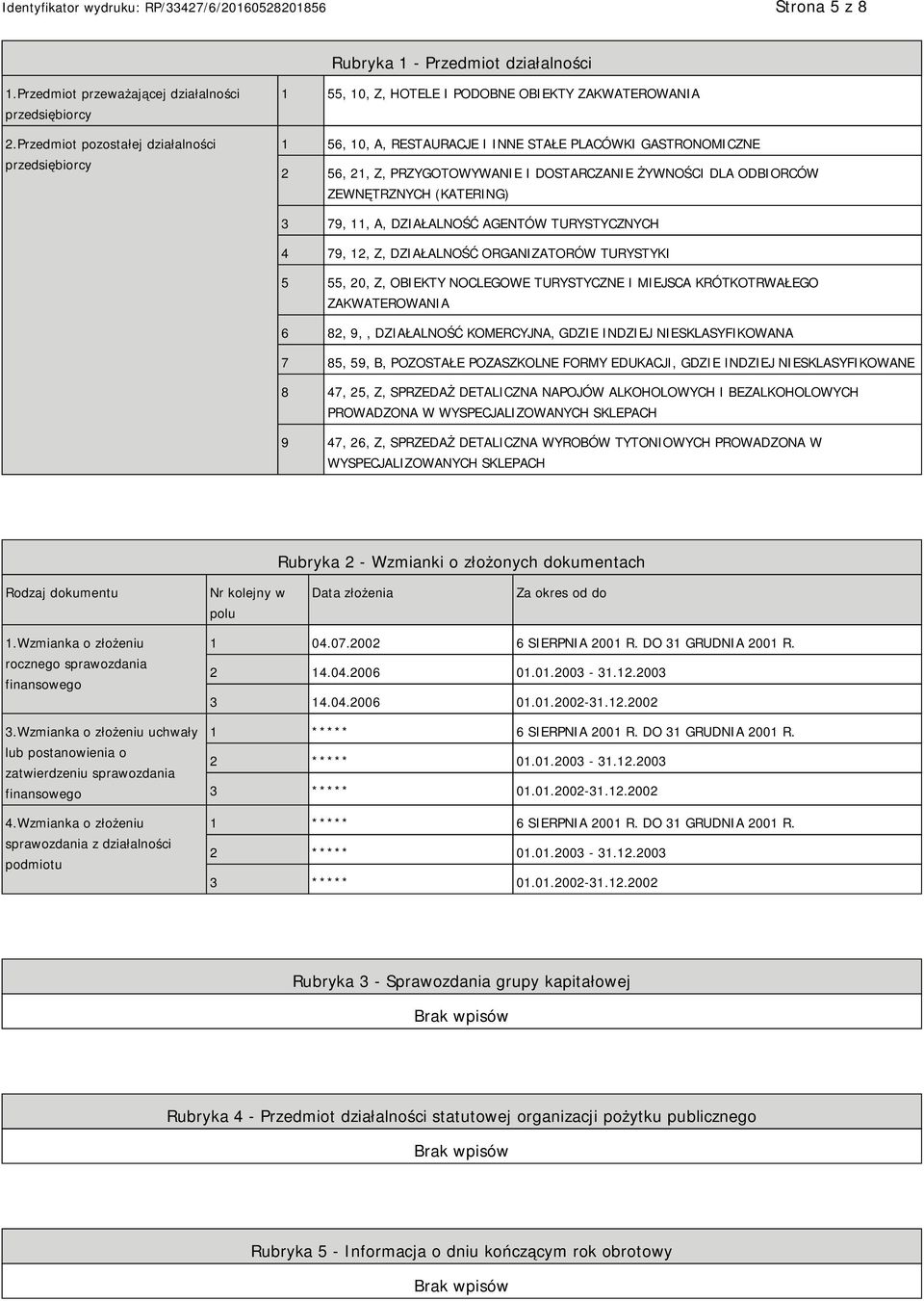 DOSTARCZA ŻYWNOŚCI DLA ODBIORCÓW ZEWNĘTRZNYCH (KATERING) 3 79, 11, A, DZIAŁALNOŚĆ AGENTÓW TURYSTYCZNYCH 4 79, 12, Z, DZIAŁALNOŚĆ ORGANIZATORÓW TURYSTYKI 5 55, 20, Z, OBIEKTY NOCLEGOWE TURYSTYCZNE I