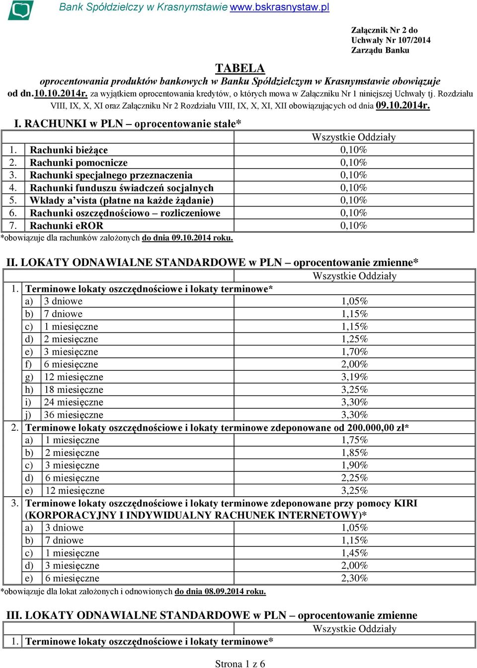 10.2014r. I. RACHUNKI w PLN oprocentowanie stałe* 1. Rachunki bieżące 0,10% 2. Rachunki pomocnicze 0,10% 3. Rachunki specjalnego przeznaczenia 0,10% 4. Rachunki funduszu świadczeń socjalnych 0,10% 5.