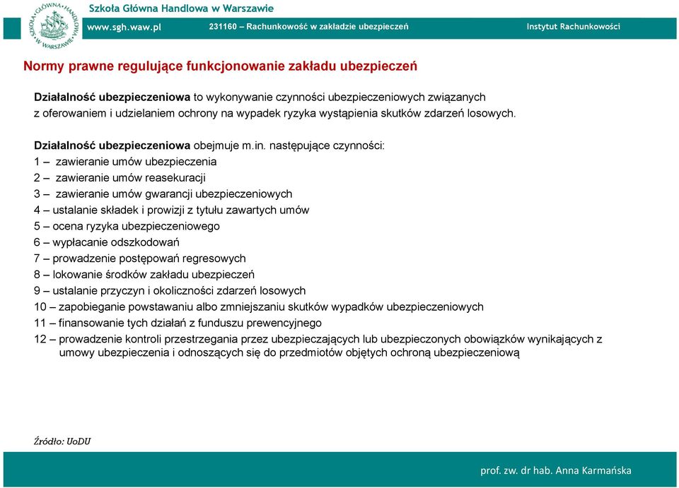 następujące czynności: 1 zawieranie umów ubezpieczenia 2 zawieranie umów reasekuracji 3 zawieranie umów gwarancji ubezpieczeniowych 4 ustalanie składek i prowizji z tytułu zawartych umów 5 ocena