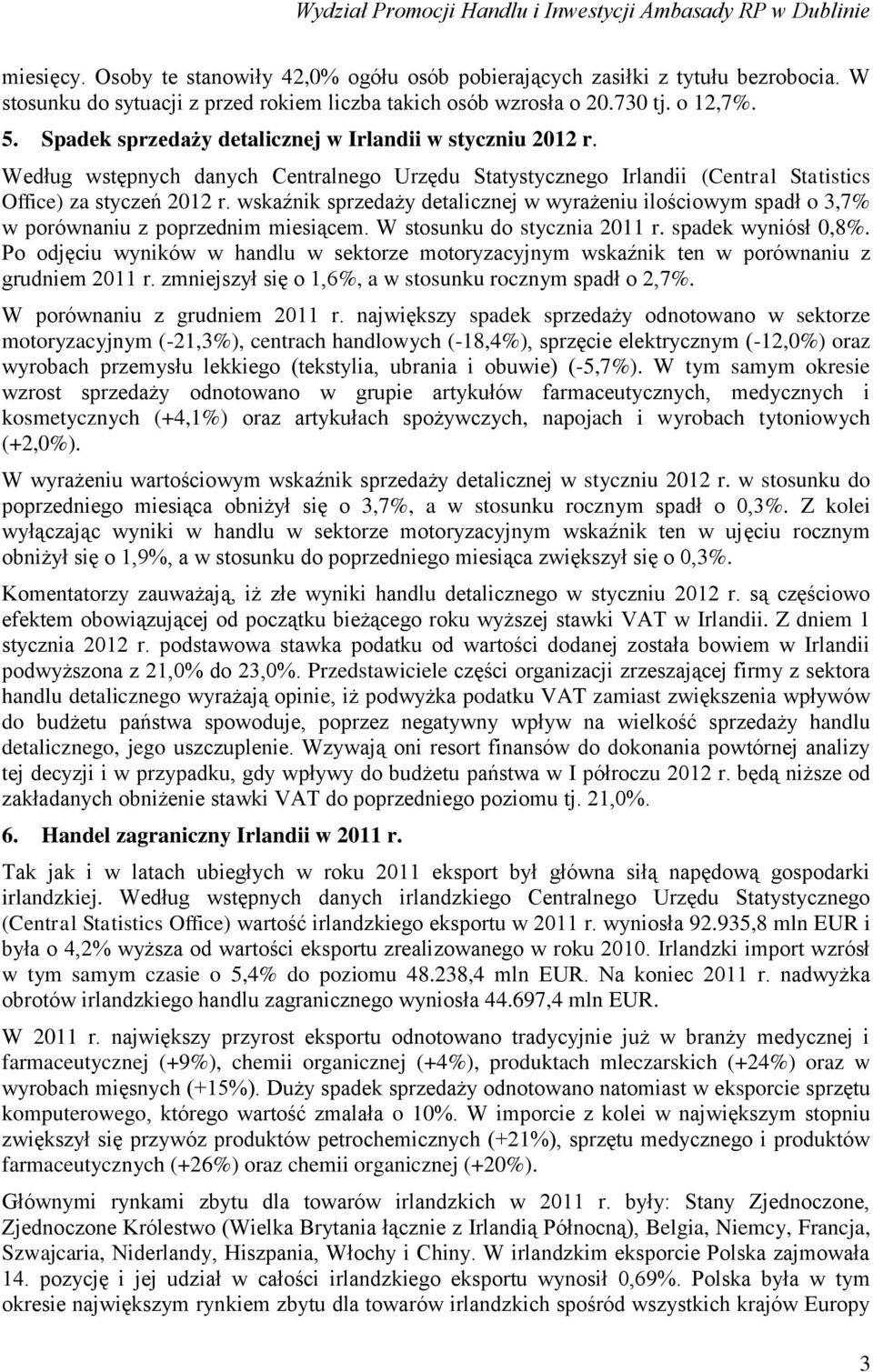 wskaźnik sprzedaży detalicznej w wyrażeniu ilościowym spadł o 3,7% w porównaniu z poprzednim miesiącem. W stosunku do stycznia 2011 r. spadek wyniósł 0,8%.