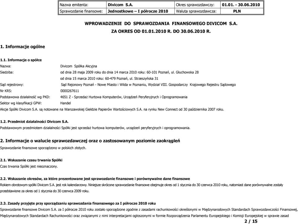 Głuchowska 28 od dnia 15 marca 2010 roku: 60-479 Poznań, ul. Strzeszyńska 31 Sąd rejestrowy: Sąd Rejonowy Poznań - Nowe Miasto i Wilda w Poznaniu, Wydział VIII.