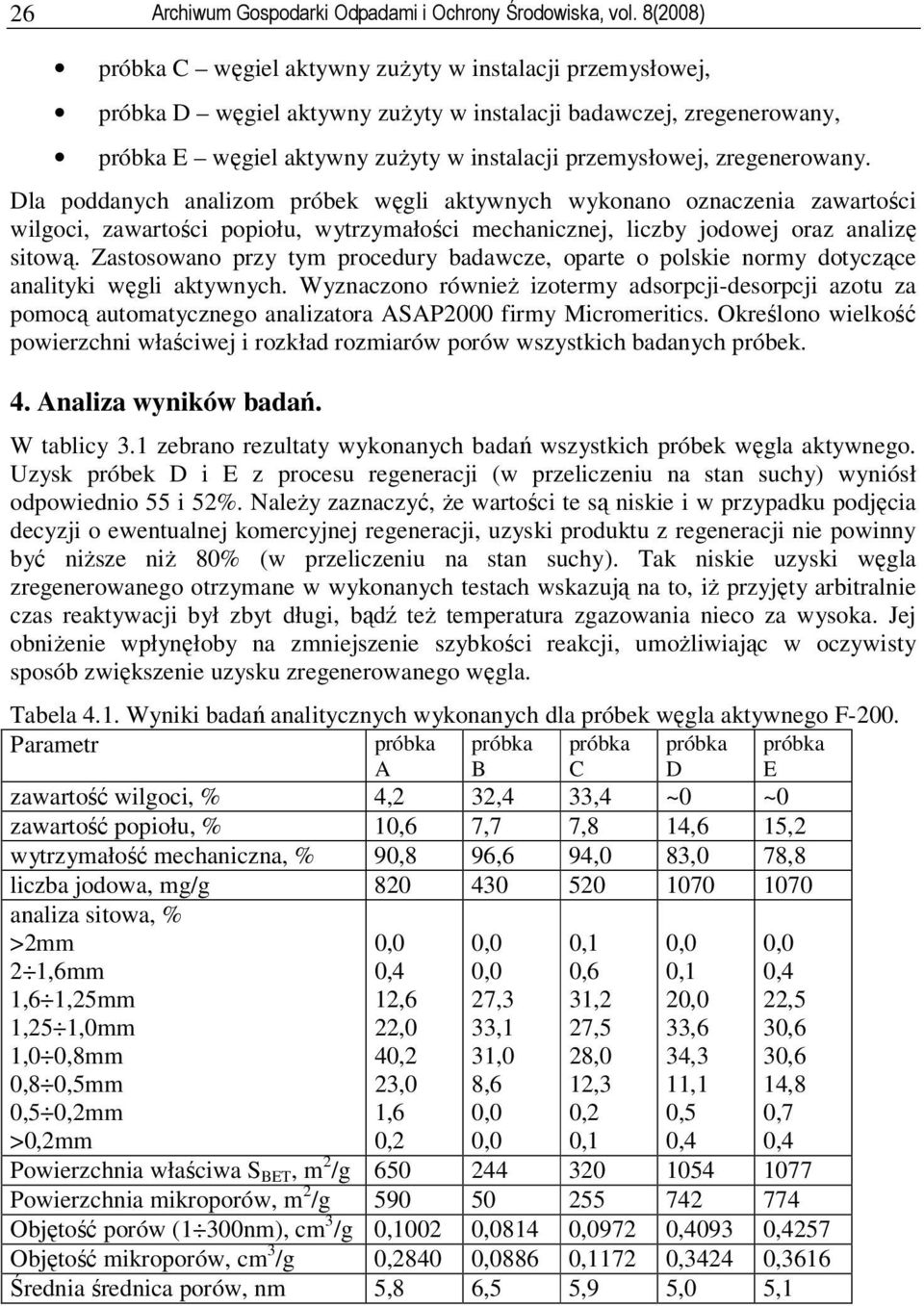 zregenerowany. Dla poddanych analizom próbek węgli aktywnych wykonano oznaczenia zawartości wilgoci, zawartości popiołu, wytrzymałości mechanicznej, liczby jodowej oraz analizę sitową.
