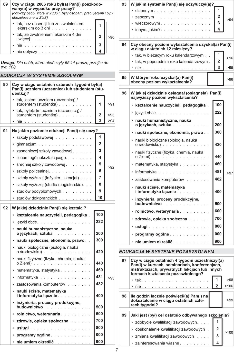 ............... 4 Uwaga: Dla osób, które ukoñczy³y 65 lat proszê przejœæ do pyt. 108. 2 >90 93 W jakim systemie Pan(i) siê uczy/uczy³(a)? dziennym................. 1 zaocznym................ 2 wieczorowym.