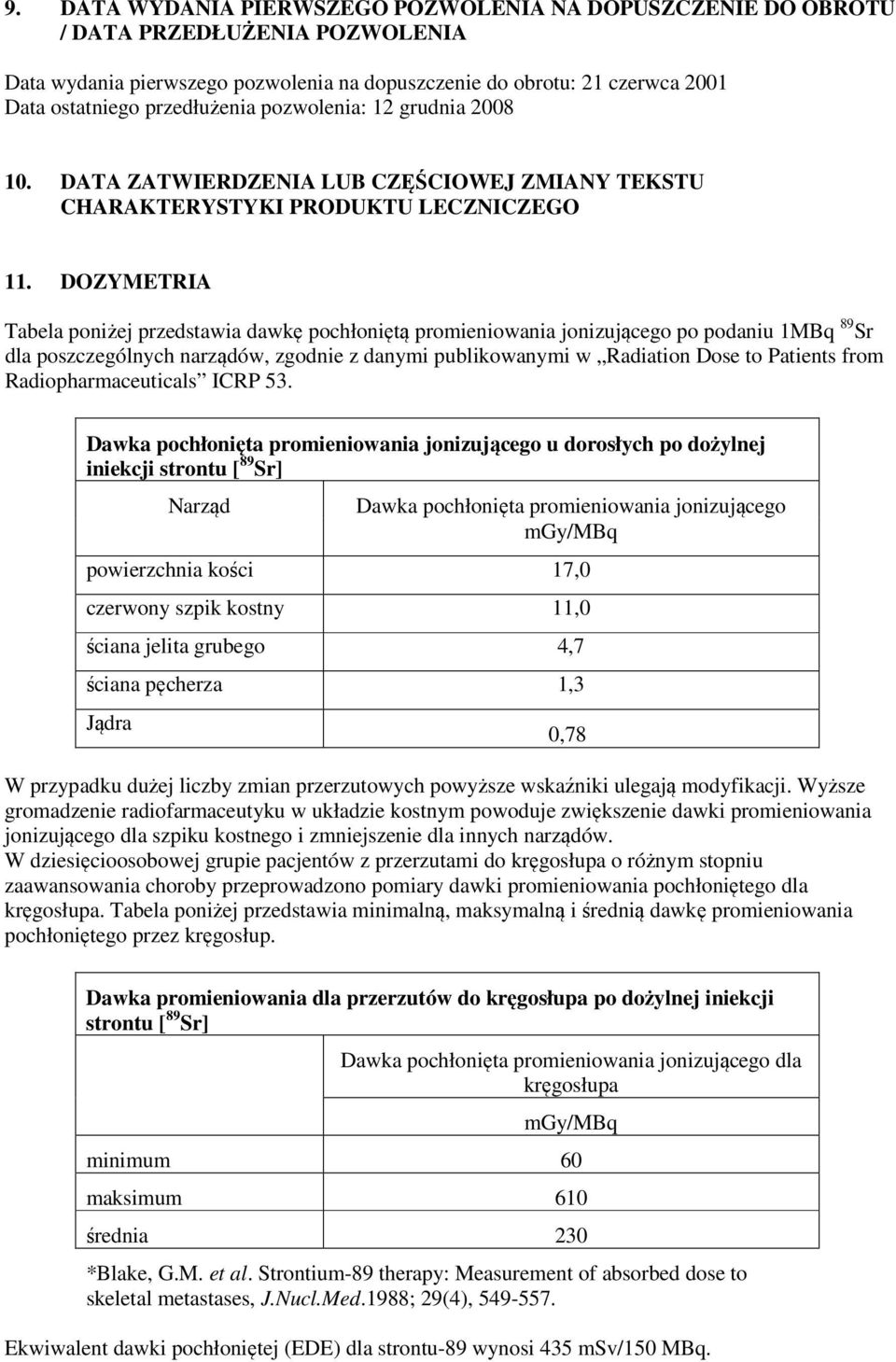DOZYMETRIA Tabela poniżej przedstawia dawkę pochłoniętą promieniowania jonizującego po podaniu 1MBq 89 Sr dla poszczególnych narządów, zgodnie z danymi publikowanymi w Radiation Dose to Patients from