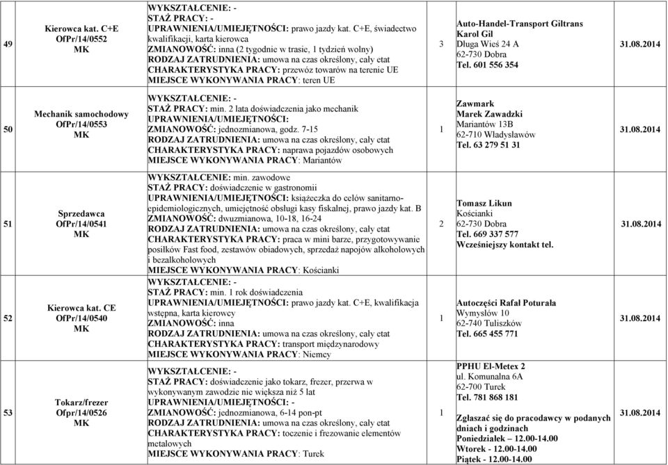 Auto-Handel-Transport Giltrans Karol Gil Długa Wieś 4 A 6-70 Dobra Tel. 60 556 54.08.04 50 Mechanik samochodowy OfPr/4/055 STAŻ PRACY: min.