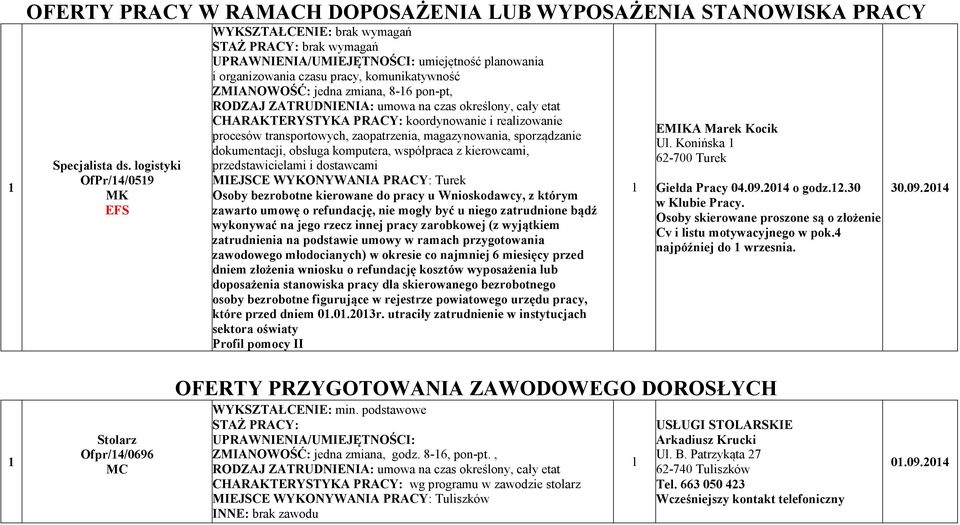 realizowanie procesów transportowych, zaopatrzenia, magazynowania, sporządzanie dokumentacji, obsługa komputera, współpraca z kierowcami, przedstawicielami i dostawcami Osoby bezrobotne kierowane do