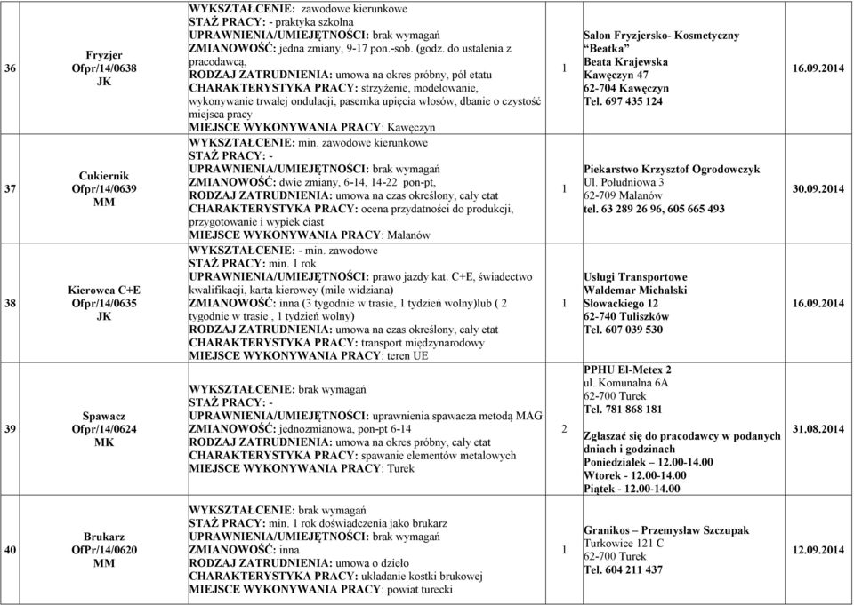 do ustalenia z pracodawcą, RODZAJ ZATRUD IE IA: umowa na okres próbny, pół etatu CHARAKTERYSTYKA PRACY: strzyżenie, modelowanie, wykonywanie trwałej ondulacji, pasemka upięcia włosów, dbanie o