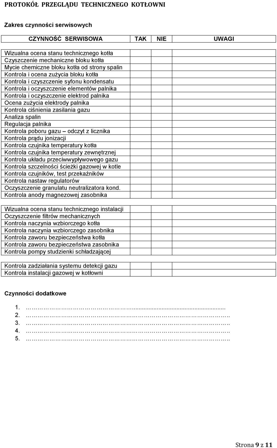 zużycia elektrody palnika Kontrola ciśnienia zasilania gazu Analiza spalin Regulacja palnika Kontrola poboru gazu odczyt z licznika Kontrola prądu jonizacji Kontrola czujnika temperatury kotła