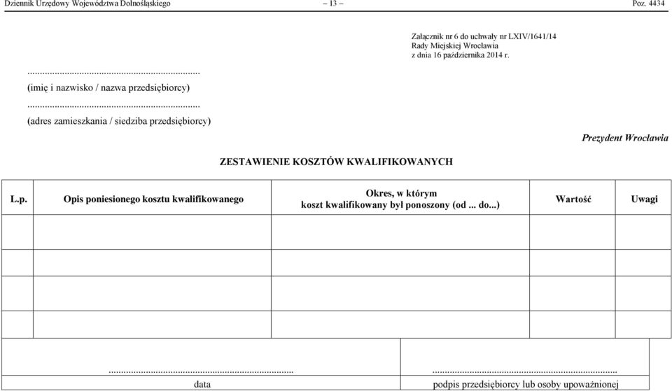 KOSZTÓW KWALIFIKOWANYCH Załącznik nr 6 do uchwały nr LXIV/1641/14 Rady Miejskiej Wrocławia Prezydent Wrocławia