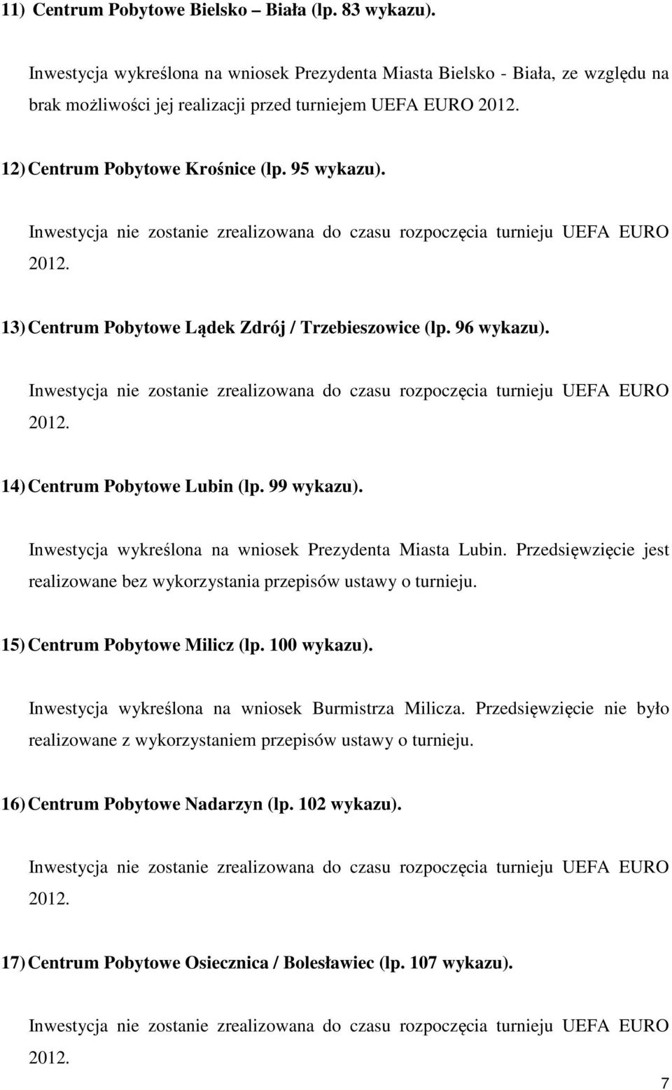 13) Centrum Pobytowe Lądek Zdrój / Trzebieszowice (lp. 96 wykazu). 14) Centrum Pobytowe Lubin (lp. 99 wykazu). Inwestycja wykreślona na wniosek Prezydenta Miasta Lubin.