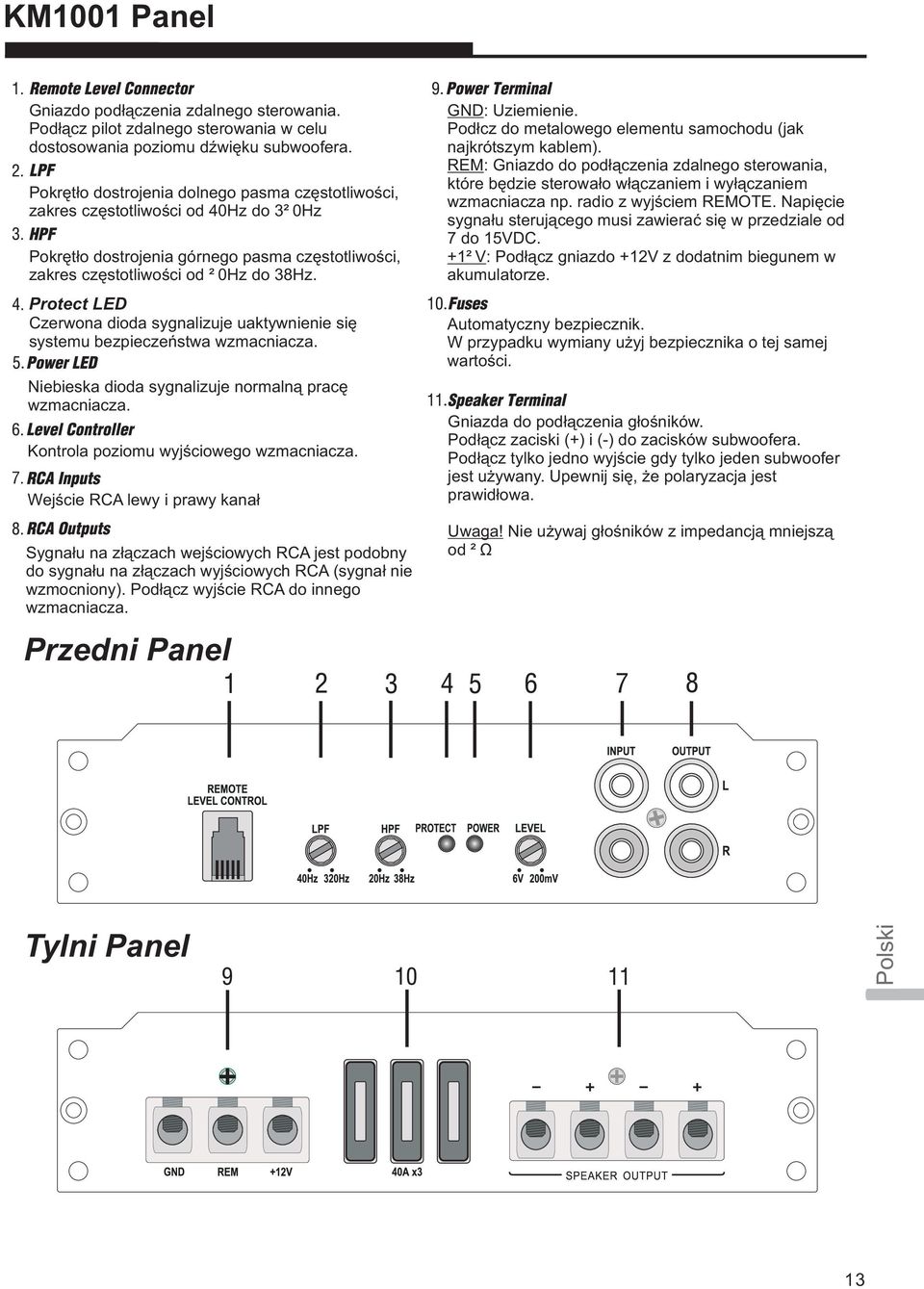 Protect LED Czerwona dioda sygnalizuje uaktywnienie siê systemu bezpieczeñstwa wzmacniacza. Niebieska dioda sygnalizuje normaln¹ pracê wzmacniacza. Kontrola poziomu wyjœciowego wzmacniacza.