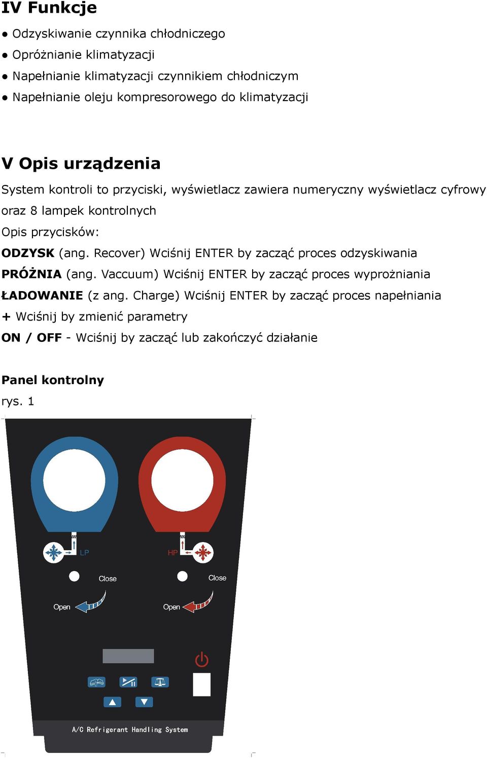 ODZYSK (ang. Recover) Wciśnij ENTER by zacząć proces odzyskiwania PRÓŻNIA (ang. Vaccuum) Wciśnij ENTER by zacząć proces wyprożniania ŁADOWANIE (z ang.