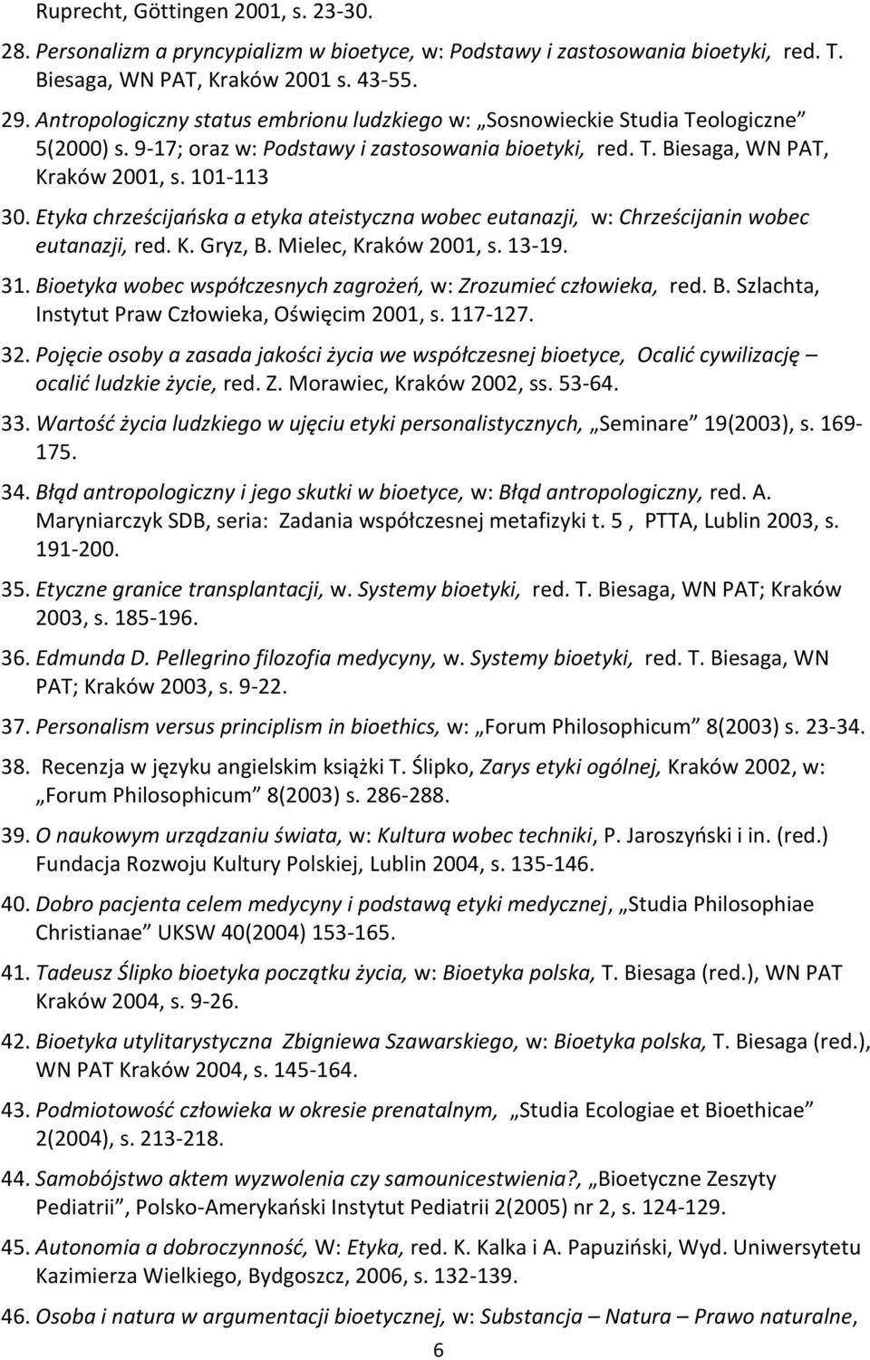 Etyka chrześcijaoska a etyka ateistyczna wobec eutanazji, w: Chrześcijanin wobec eutanazji, red. K. Gryz, B. Mielec, Kraków 2001, s. 13-19. 31.