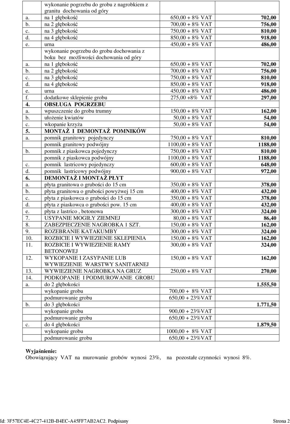 na 2 głębokość 700,00 + 8% VAT 756,00 c. na 3 głębokość 750,00 + 8% VAT 810,00 d. na 4 głębokość 850,00 + 8% VAT 918,00 e. urna 450,00 + 8% VAT 486,00 f.