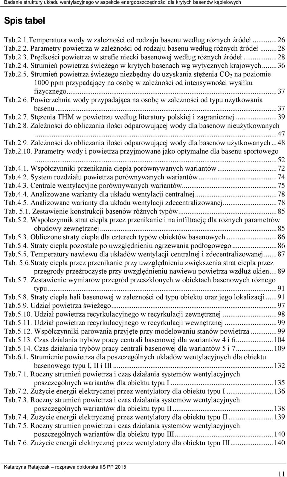 Strumień powietrza świeżego niezbędny do uzyskania stężenia CO 2 na poziomie 1000 ppm przypadający na osobę w zależności od intensywności wysiłku fizycznego... 37 Tab.2.6.