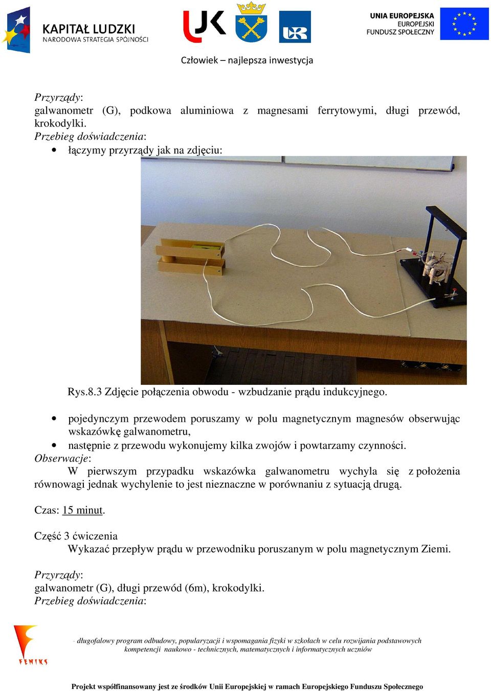 pojedynczym przewodem poruszamy w polu magnetycznym magnesów obserwując wskazówkę galwanometru, następnie z przewodu wykonujemy kilka zwojów i powtarzamy czynności.