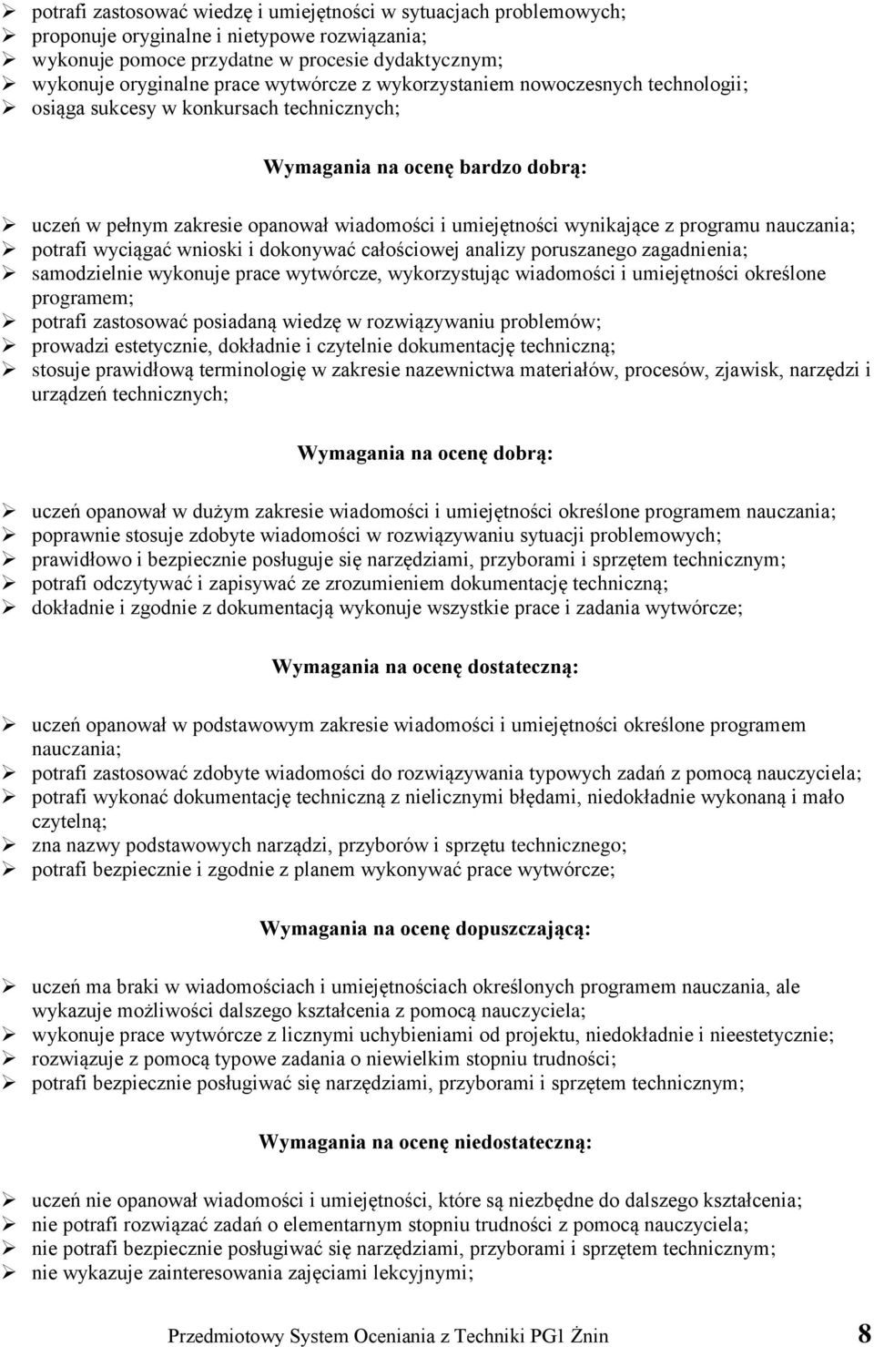 programu nauczania; potrafi wyciągać wnioski i dokonywać całościowej analizy poruszanego zagadnienia; samodzielnie wykonuje prace wytwórcze, wykorzystując wiadomości i umiejętności określone