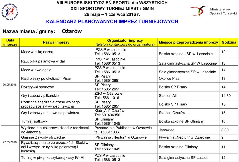 2016 Mecz w piłkę nożną Nazwa imprezy Rzut piłką palantową w dal Mecz w dwa ognie Rajd pieszy po okolicach Pisar Rozgrywki sportowe Gry i zabawy piłkarskie Rodzinne spędzanie czasu wolnego