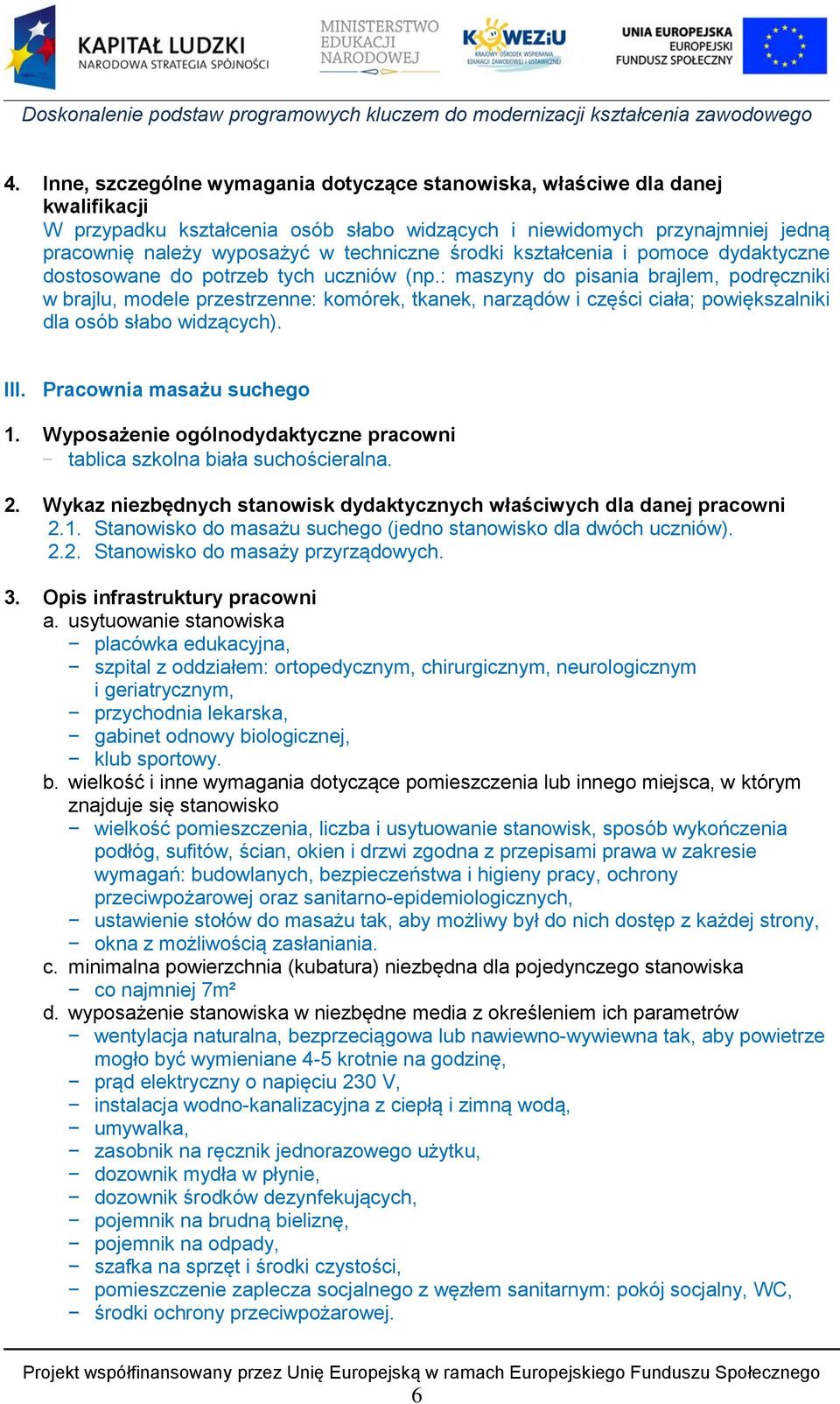 : maszyny do pisania brajlem, podręczniki w brajlu, modele przestrzenne: komórek, tkanek, narządów i części ciała; powiększalniki dla osób słabo widzących). III. Pracownia masażu suchego 1.