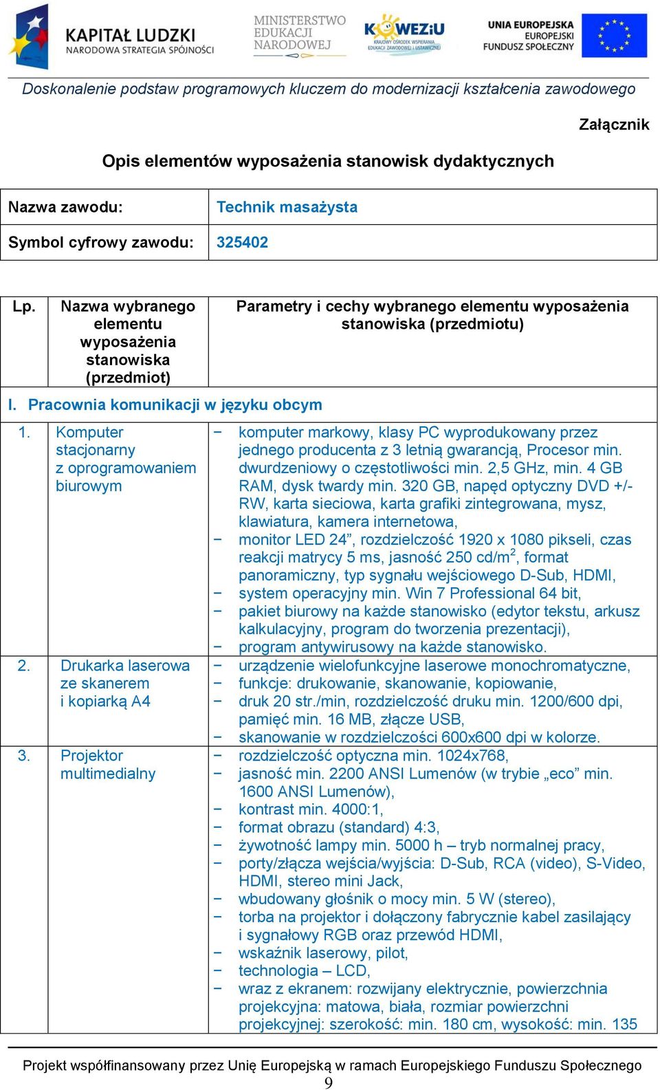 Projektor multimedialny Parametry i cechy wybranego elementu wyposażenia stanowiska (przedmiotu) komputer markowy, klasy PC wyprodukowany przez jednego producenta z 3 letnią gwarancją, Procesor min.