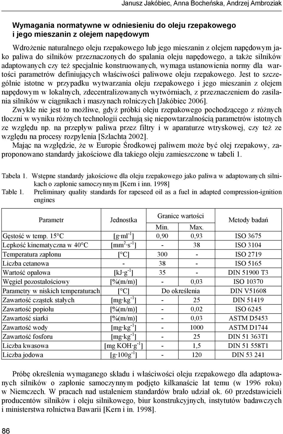 wartości parametrów definiujących właściwości paliwowe oleju rzepakowego.