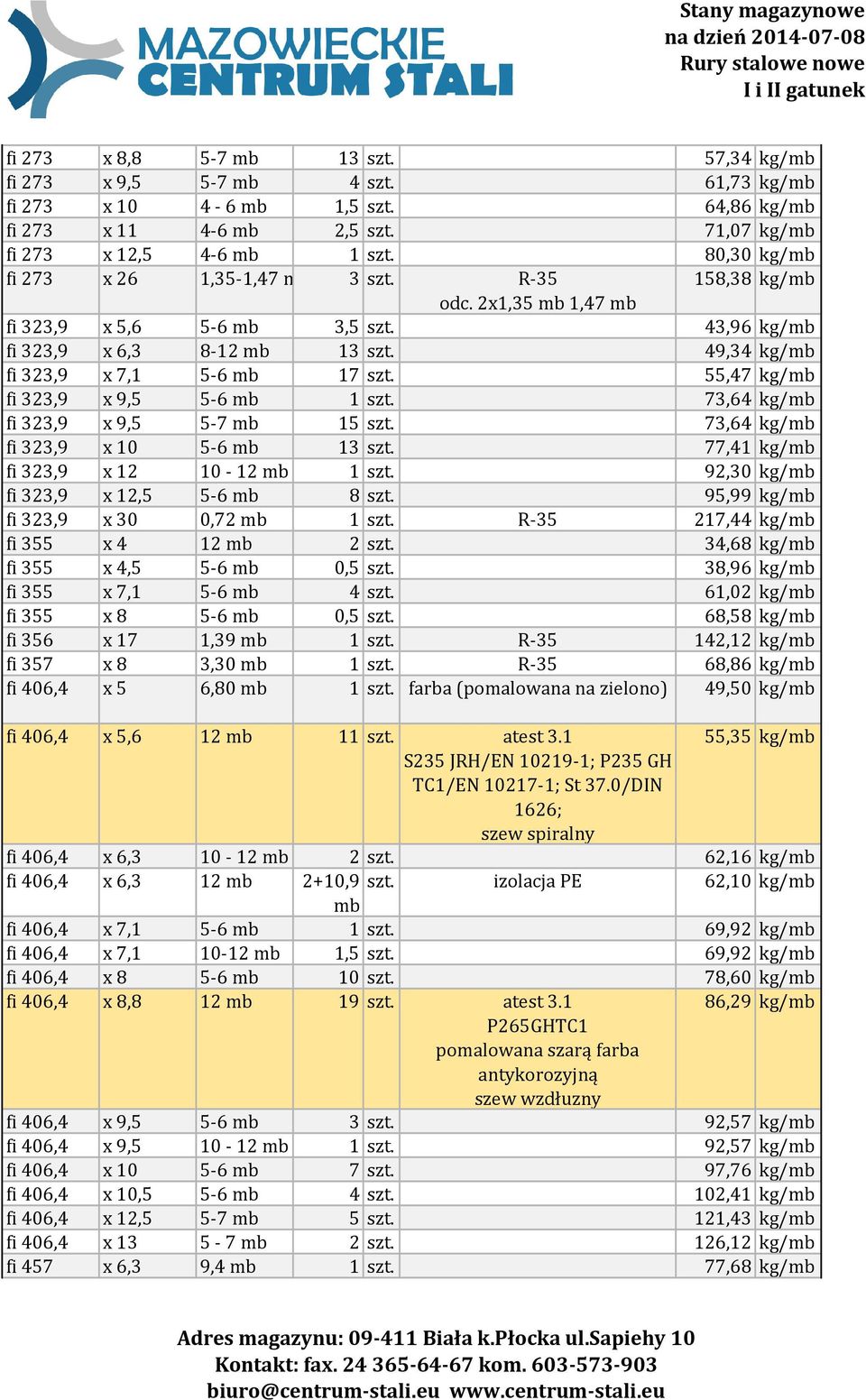 55,47 kg/mb fi 323,9 x 9,5 5-6 mb 1 szt. 73,64 kg/mb fi 323,9 x 9,5 5-7 mb 15 szt. 73,64 kg/mb fi 323,9 x 10 5-6 mb 13 szt. 77,41 kg/mb fi 323,9 x 12 10-12 mb 1 szt.