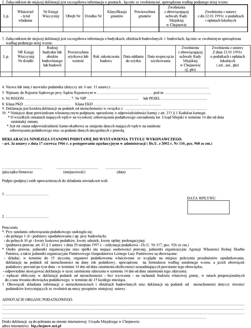 Załącznikiem do niejszej deklaracji jest szczegółowa informacja o budynkach, obiektach budowlanych i budowlach, łącznie ze zwolnionym sporządzona według podanego niżej wzoru: NR Księgi Nr działki