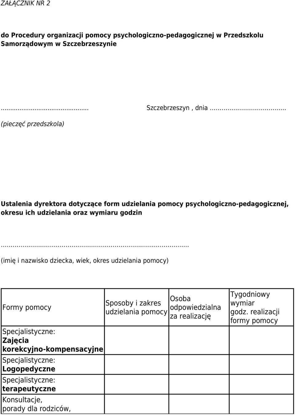 wymiaru godzin (imię i nazwisko dziecka, wiek, okres udzielania pomocy) Formy pomocy Specjalistyczne: Zajęcia korekcyjno-kompensacyjne Specjalistyczne: